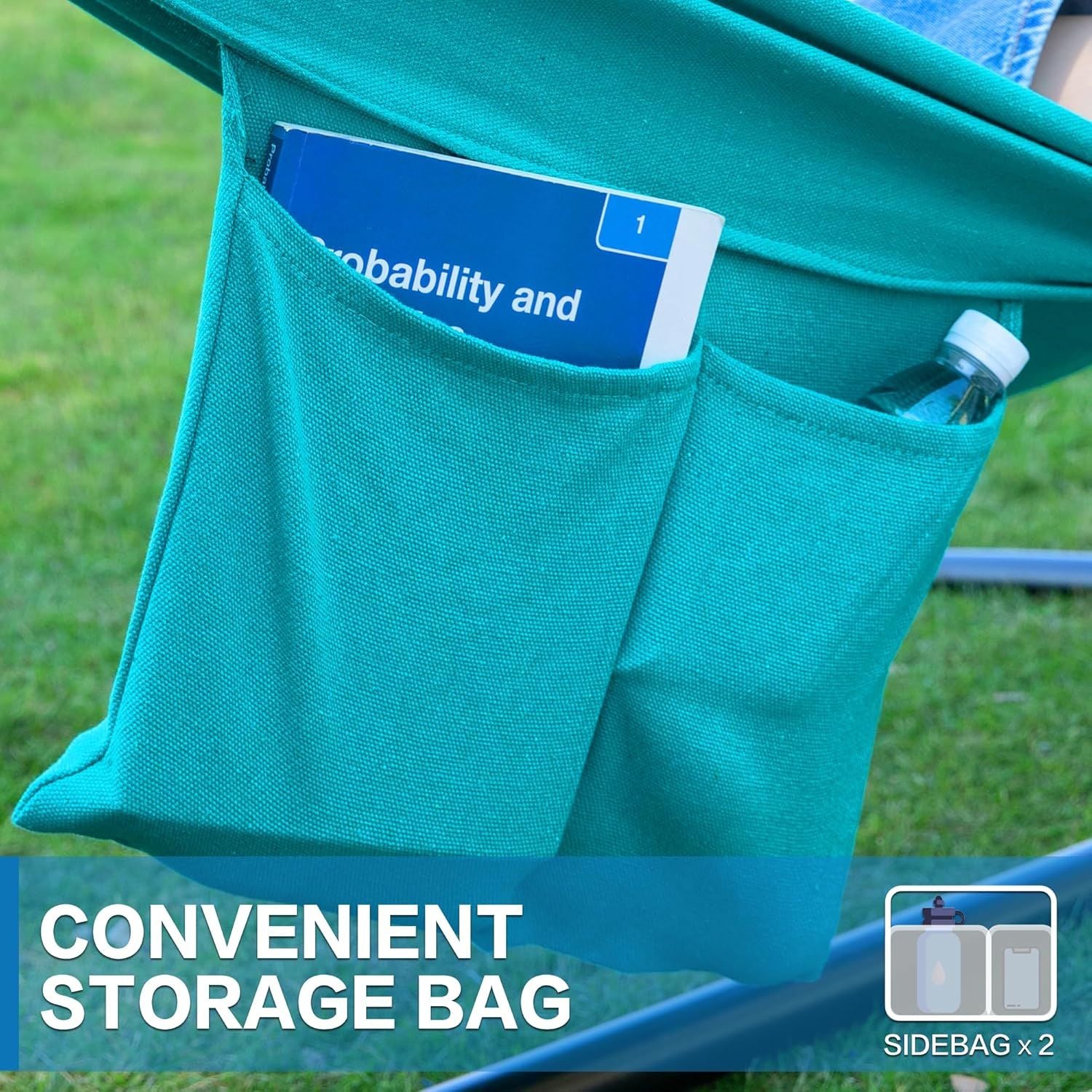 Double hammock side storage bag in teal fabric attached to hammock