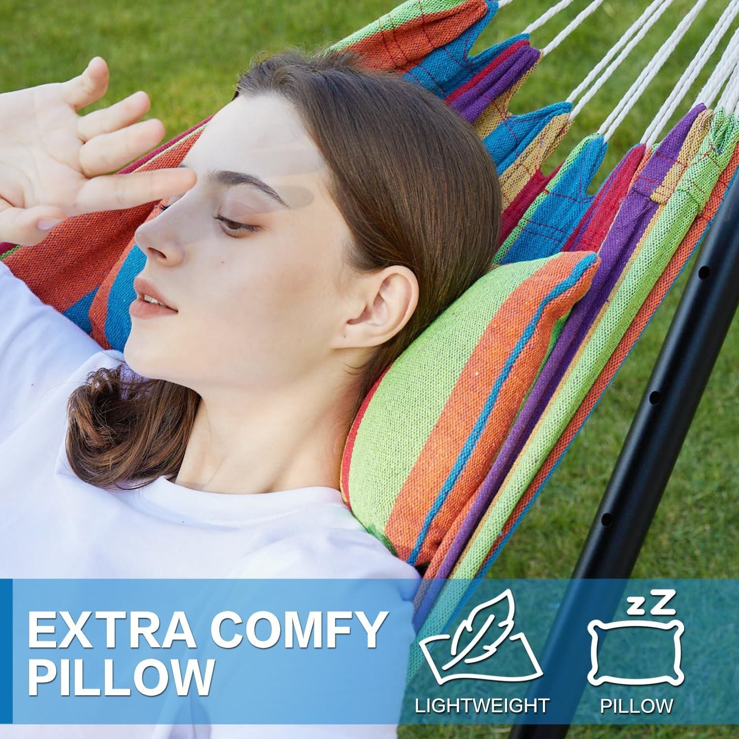 Double hammock pillow detail with multicolor striped fabric and black frame