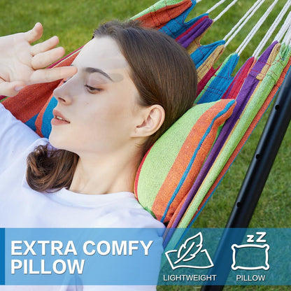 Double hammock pillow detail with multicolor striped fabric and black frame