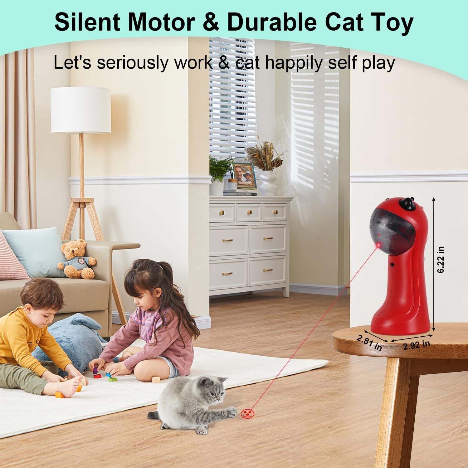 Motion-activated laser cat toy, mint green body with black top on wooden stand; cat playing