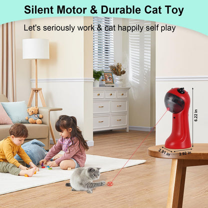 Motion-activated laser cat toy, mint green body with black top on wooden stand; cat playing