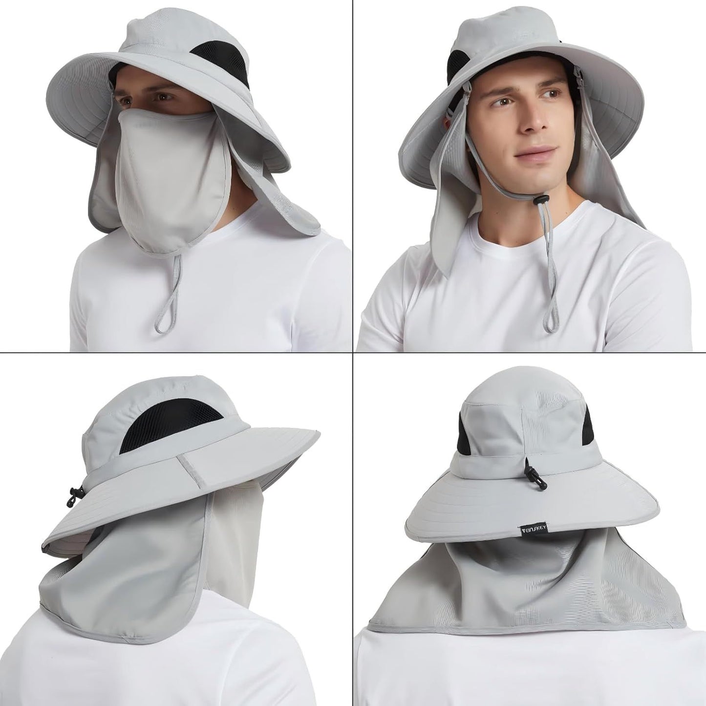 Light grey wide-brim sun hat with face shield, shown from multiple angles
