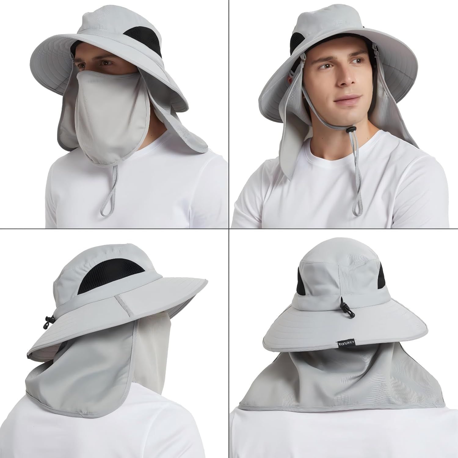 Light grey wide-brim sun hat with face shield, shown from multiple angles