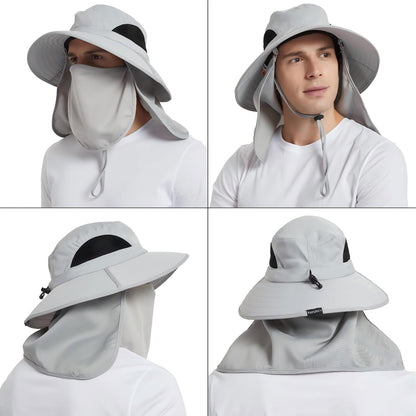 Light grey wide-brim sun hat with face shield, shown from multiple angles