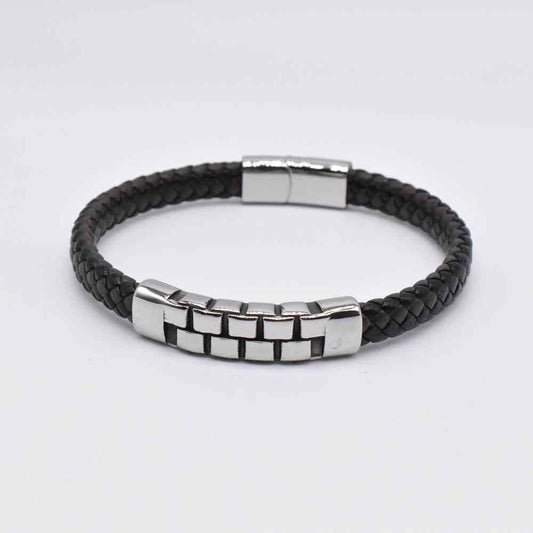 Men's black braided leather bracelet with silver-tone metal plate and inset squares
