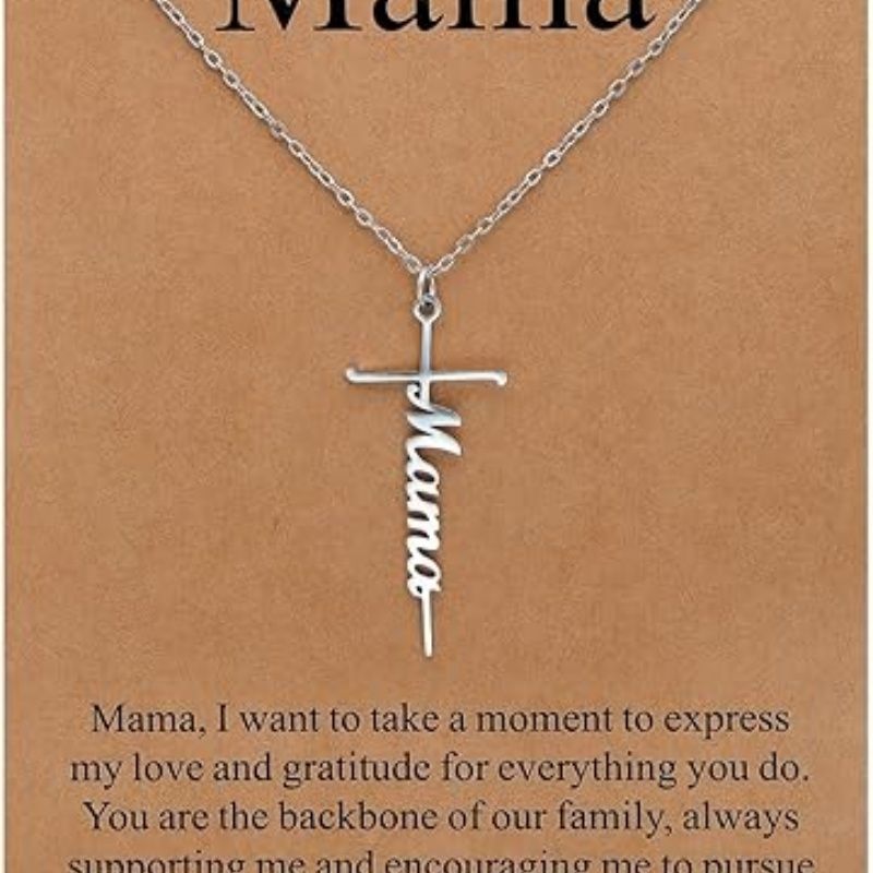 Cross pendant necklace with silver chain and Mama cursive charm