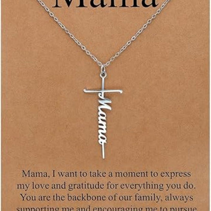Cross pendant necklace with silver chain and Mama cursive charm