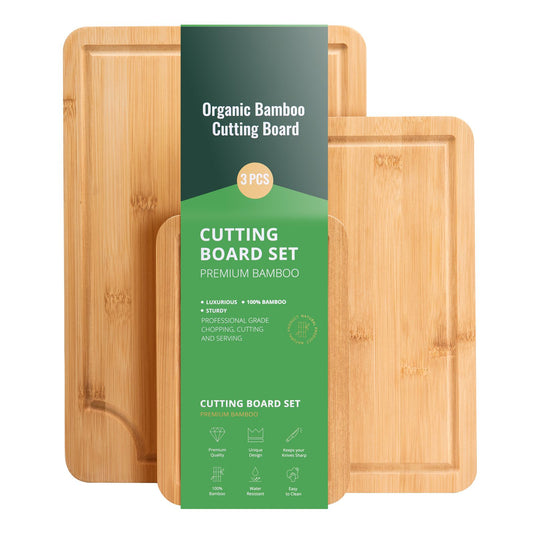 3-piece bamboo cutting board set with juice groove and built-in carrying handle