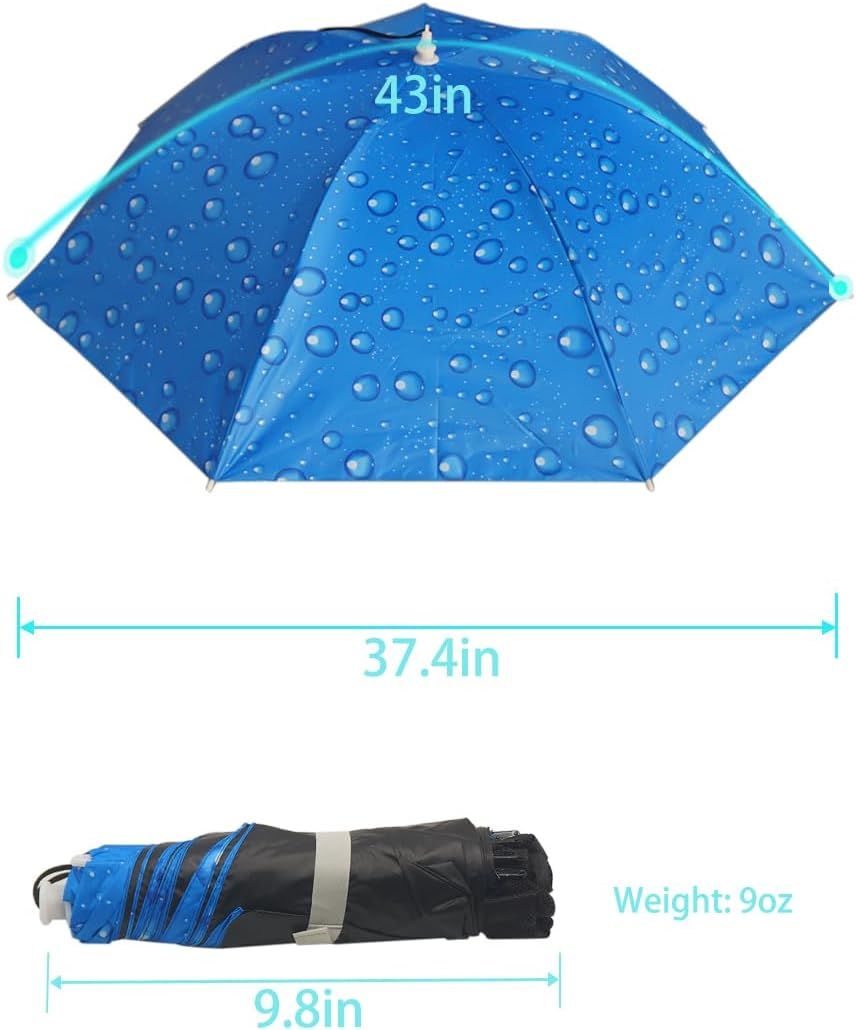 Blue umbrella hat with raindrop pattern and foldable canopy