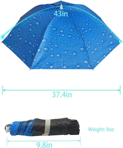 Blue umbrella hat with raindrop pattern and foldable canopy