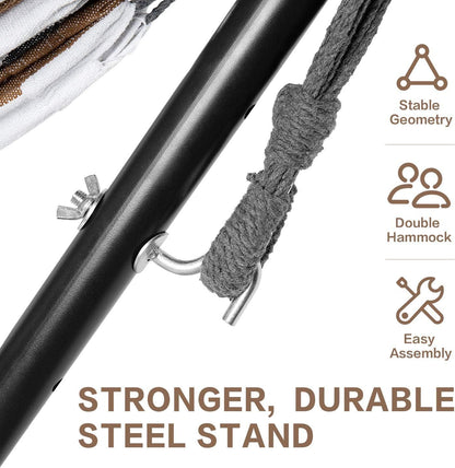 Double hammock with stand, close-up of black steel pole with hammock rope ties