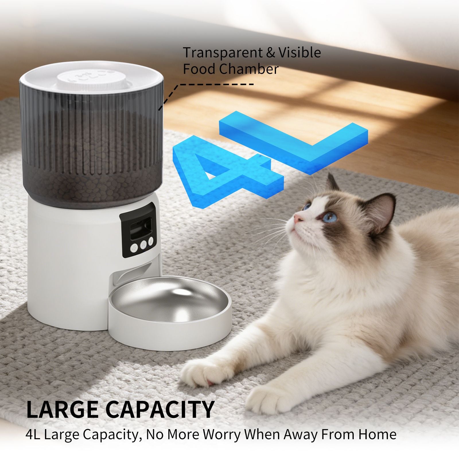 Automatic pet feeder with dark top and white body, open stainless bowl and cat in view