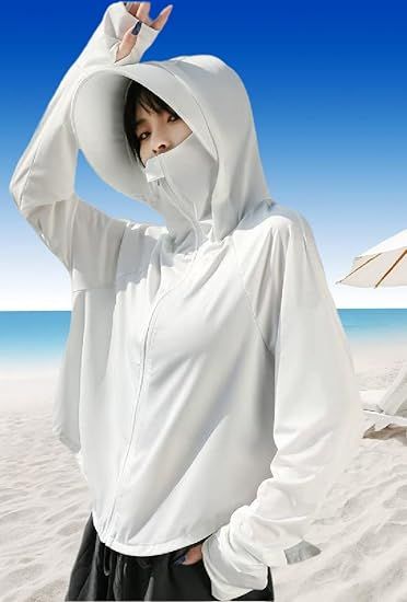 Women’s white full-zip hooded sun jacket with long sleeves and covered neck