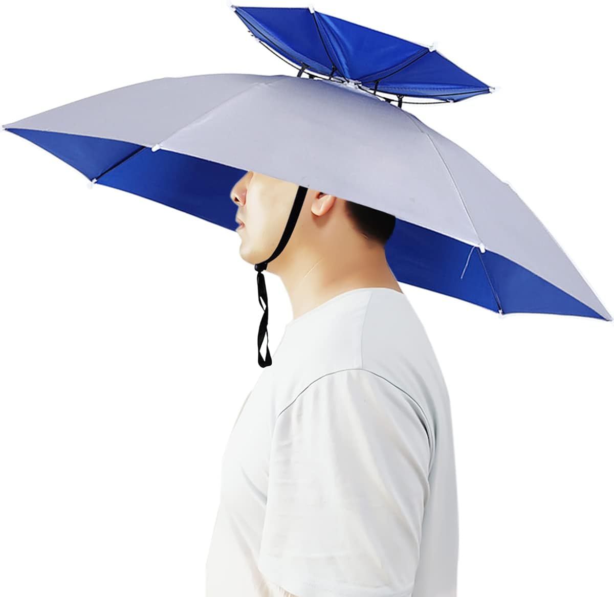Blue and gray umbrella hat with chin strap, hands-free sunshade for outdoor use