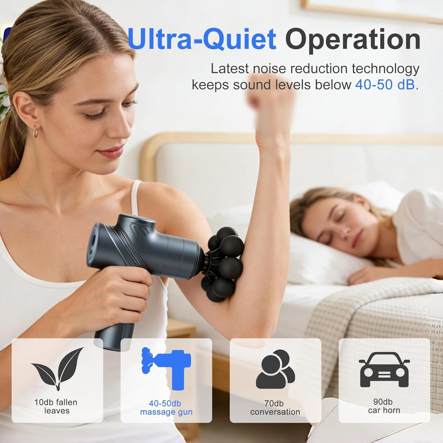 Blue mini massage gun being used on a person's shoulder for muscle relief