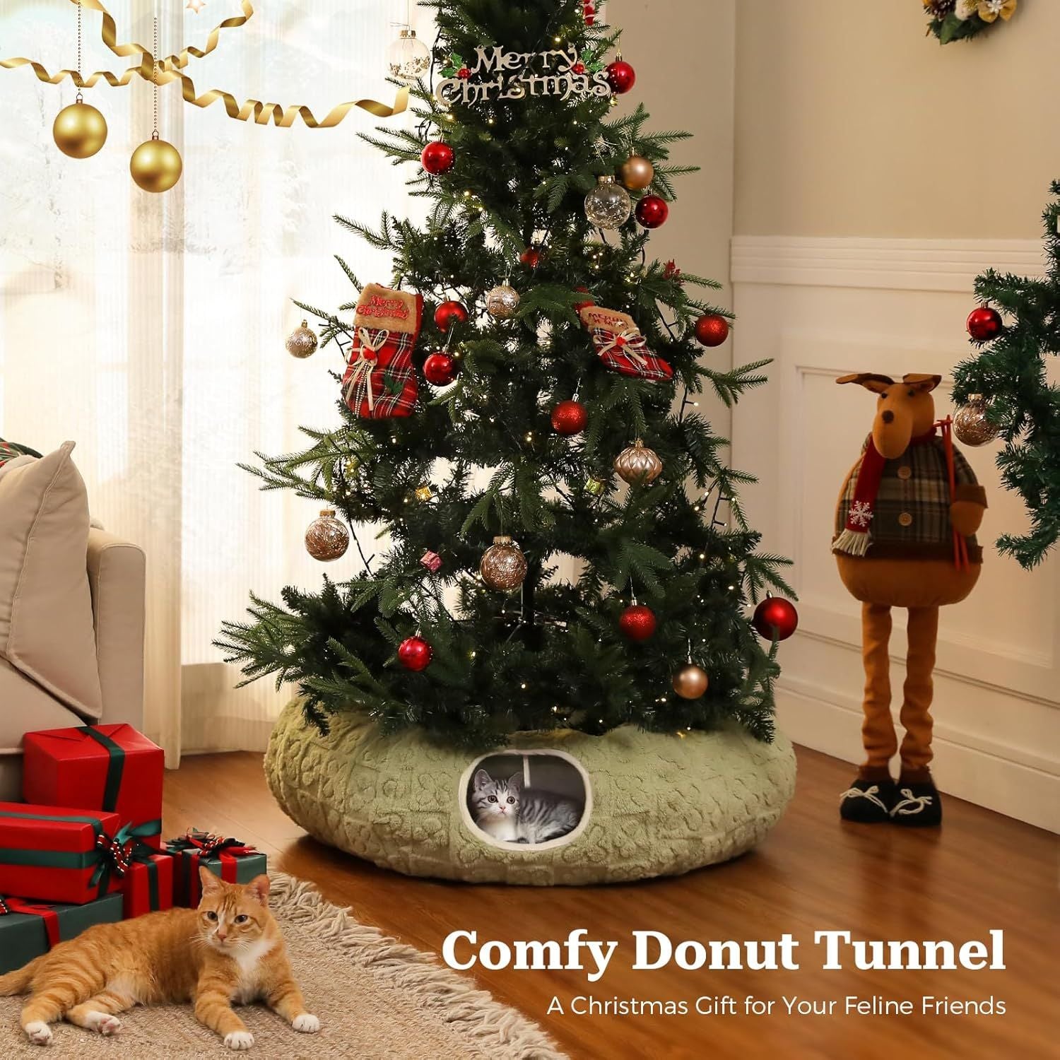 Beige checkered donut cat tunnel bed with round entrance opening