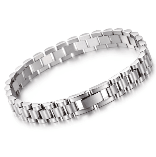 Stainless steel link bracelet with rectangular clasp and polished metal finish.