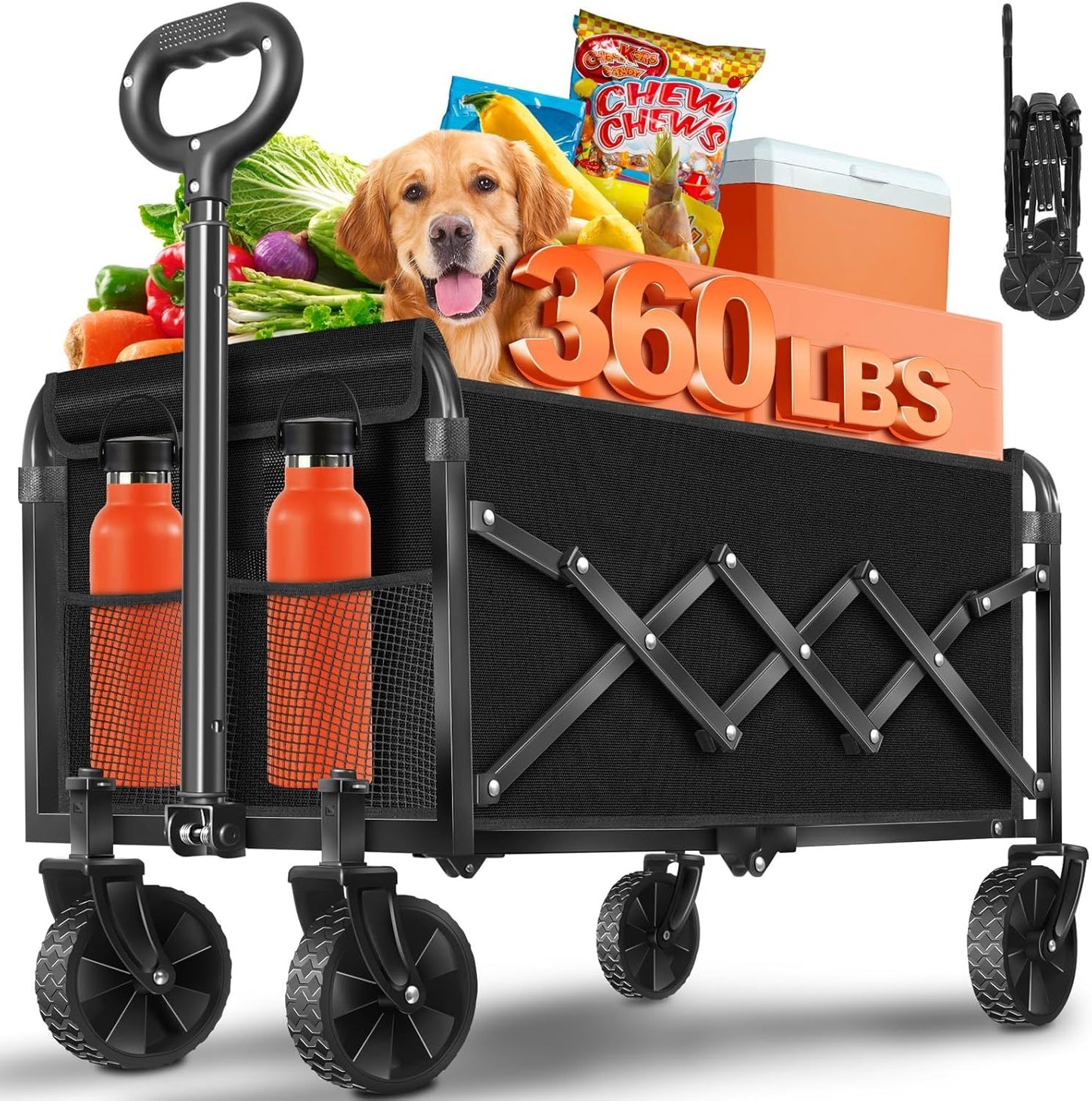 Black foldable wagon cart with wheels, front handle and two cup holders