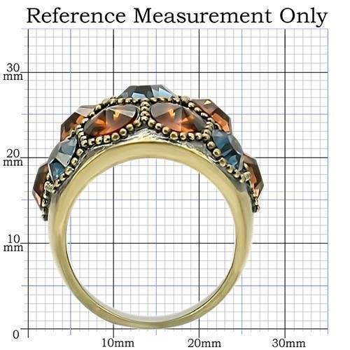 Antique brass ring top view with multicolor faceted crystals and beaded edge setting