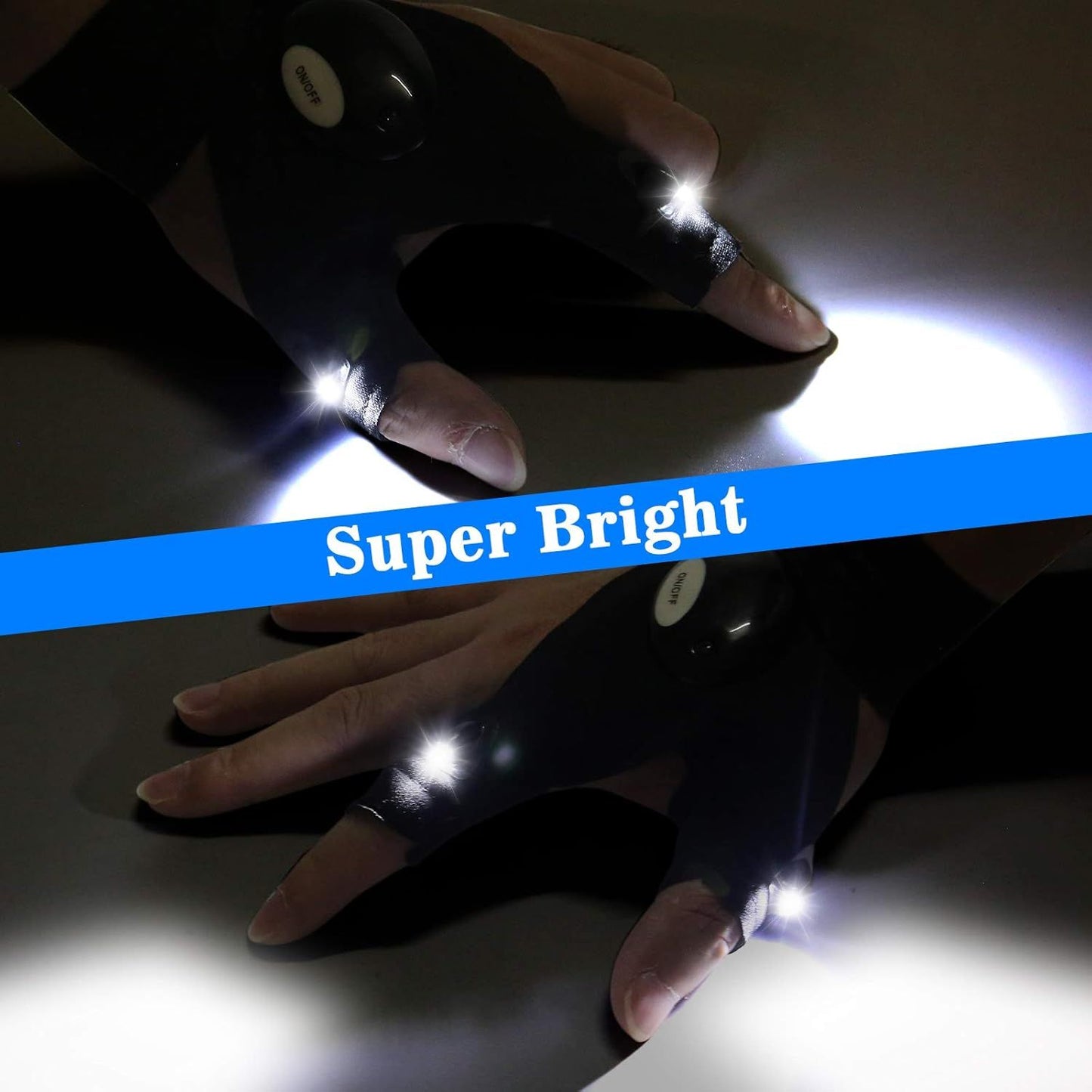 LED flashlight gloves glowing on fingertips in low light, bright beams from palm modules