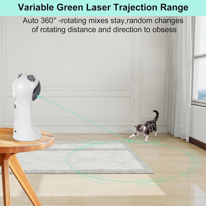 White rotating cat laser toy projecting random green laser trajectory lines across the floor