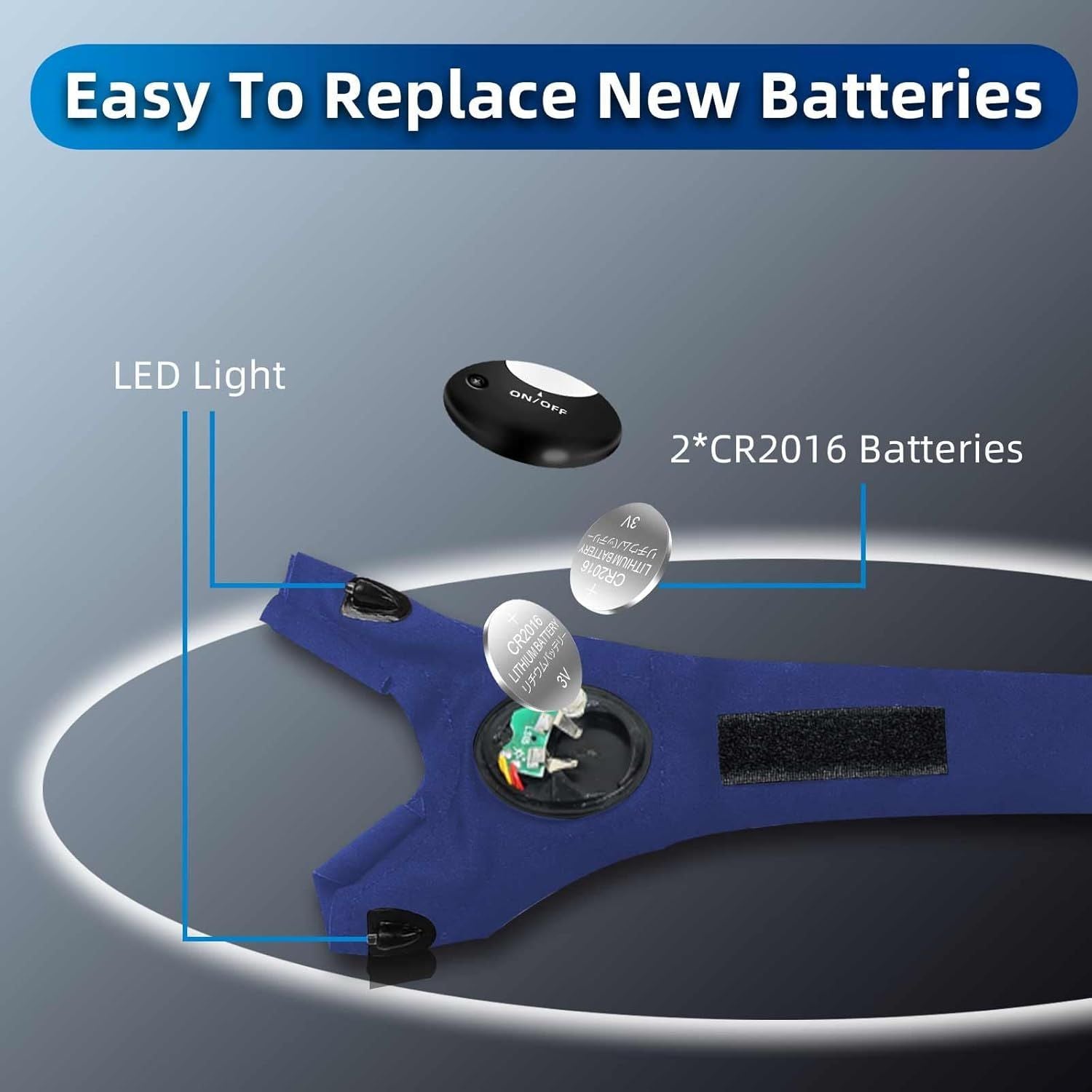Blue LED flashlight glove with replaceable CR2016 batteries and built-in LEDs