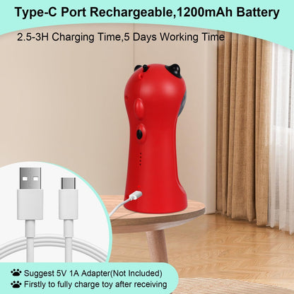 Rechargeable laser cat toy, red body with black top; USB charging cable and port shown