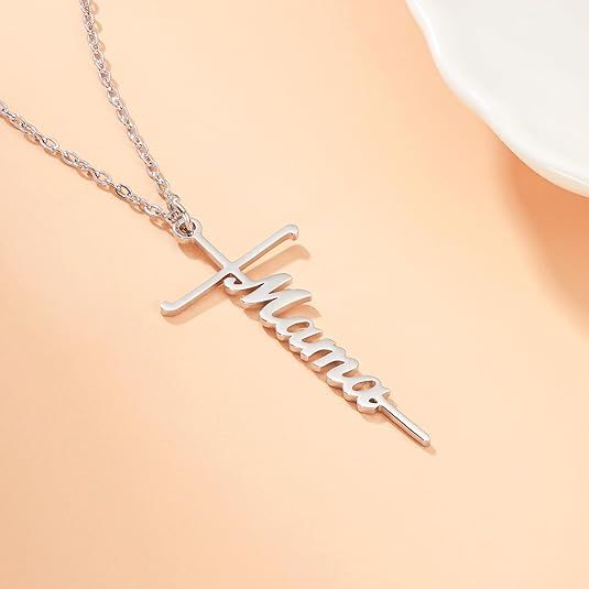 Religious cross and script pendant necklace on silver-tone chain