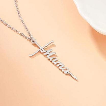 Religious cross and script pendant necklace on silver-tone chain