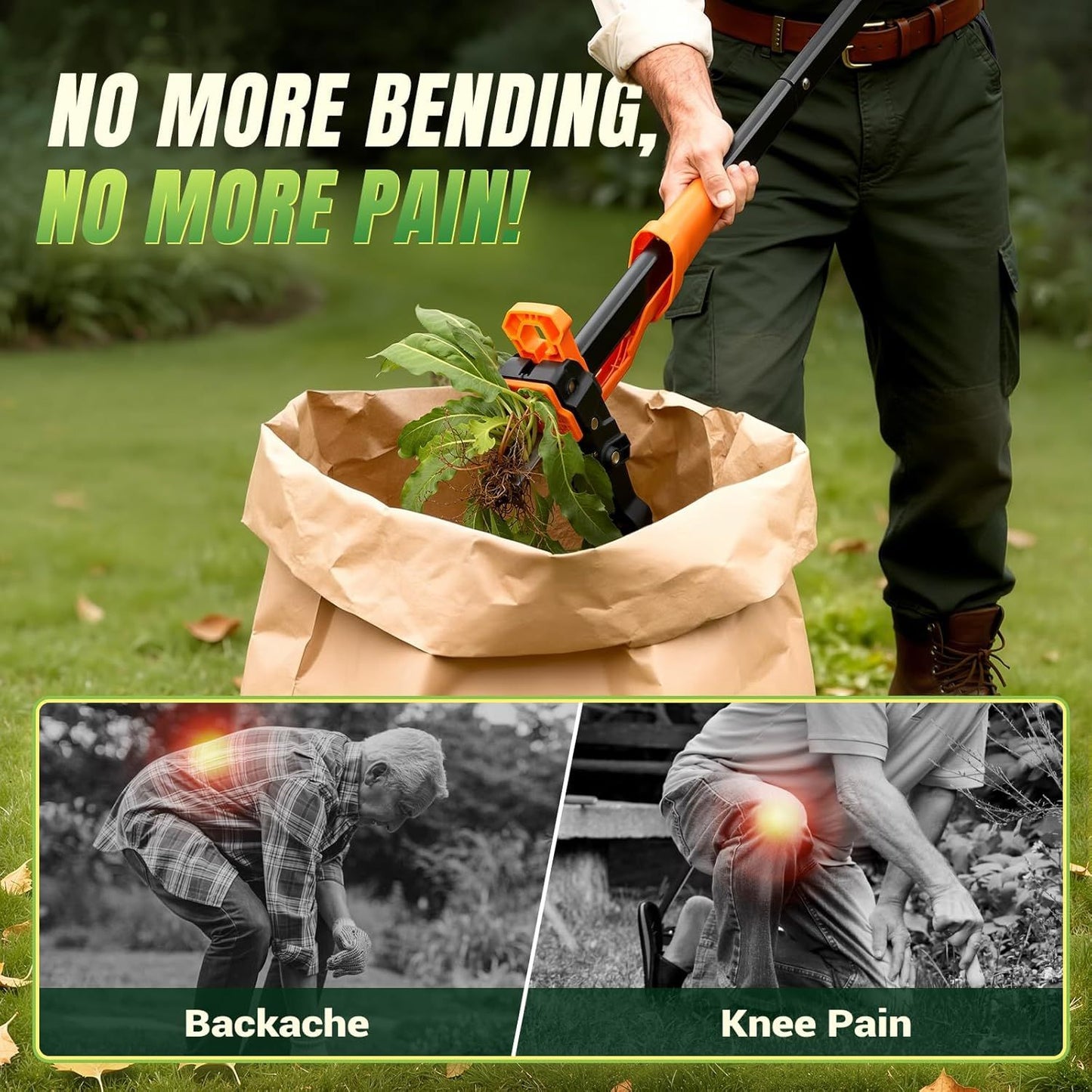 Orange long-handle weeding tool pulling weeds while held upright
