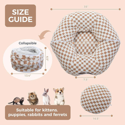 Beige checkered donut-shaped cat tunnel bed with circular tunnel entrance