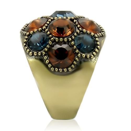 Antique brass ring with multicolor faceted stones in a dark, rounded cluster top