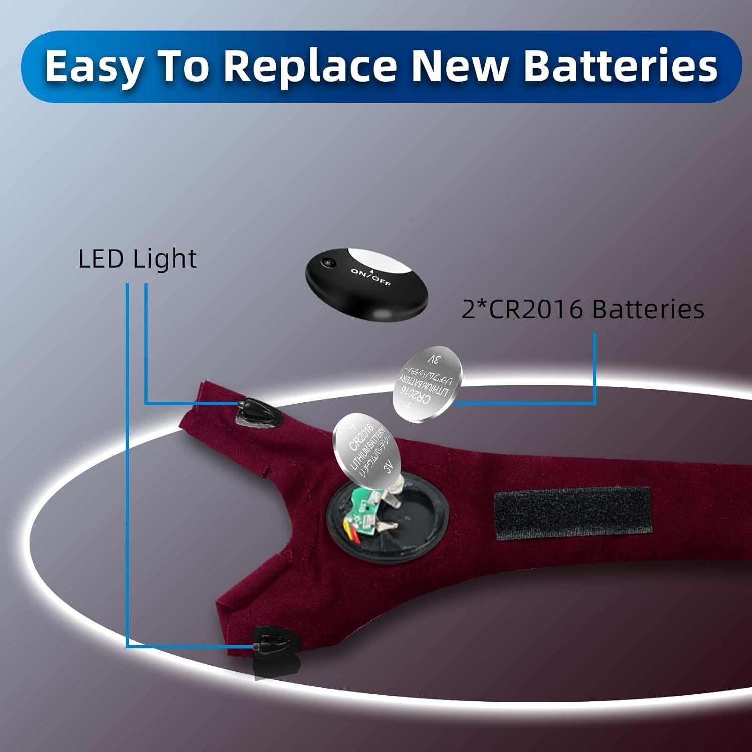 Wine red LED flashlight gloves with removable LED light module and battery compartment