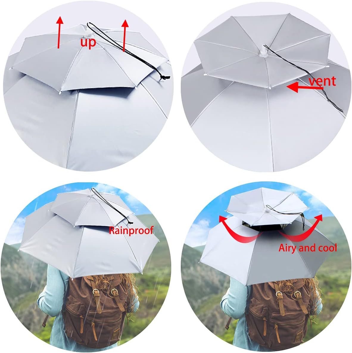 White hands-free umbrella hat with vented top and adjustable head strap canopy