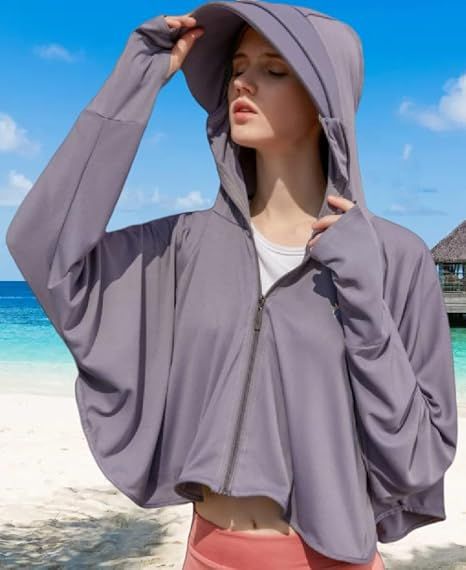 Dark grey hooded sun protective jacket, full-zip front, long sleeves and loose fit