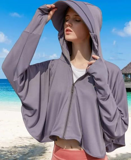 Dark grey hooded sun protective jacket, full-zip front, long sleeves and loose fit
