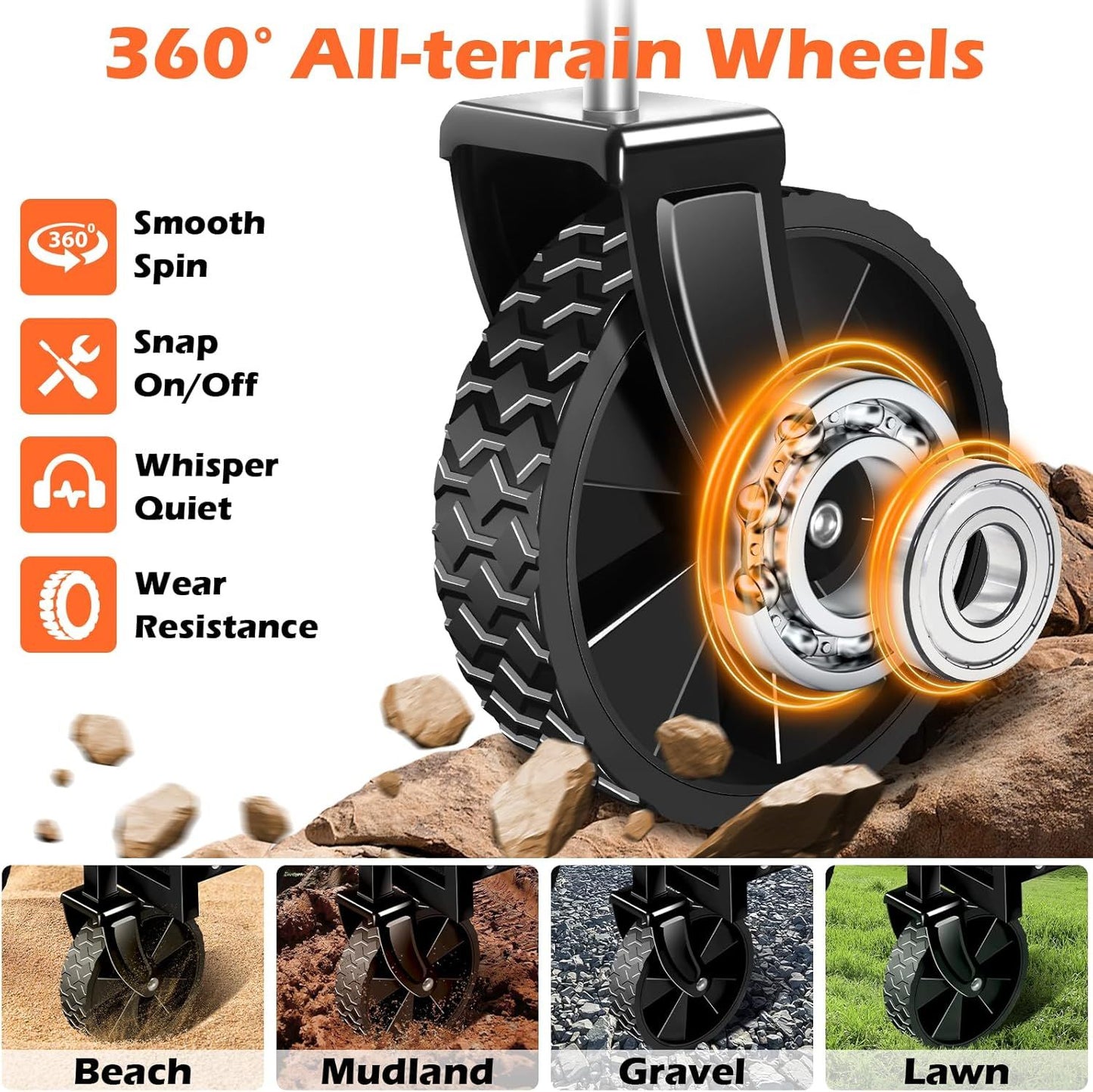 Black foldable wagon cart with 360° all-terrain treaded wheels
