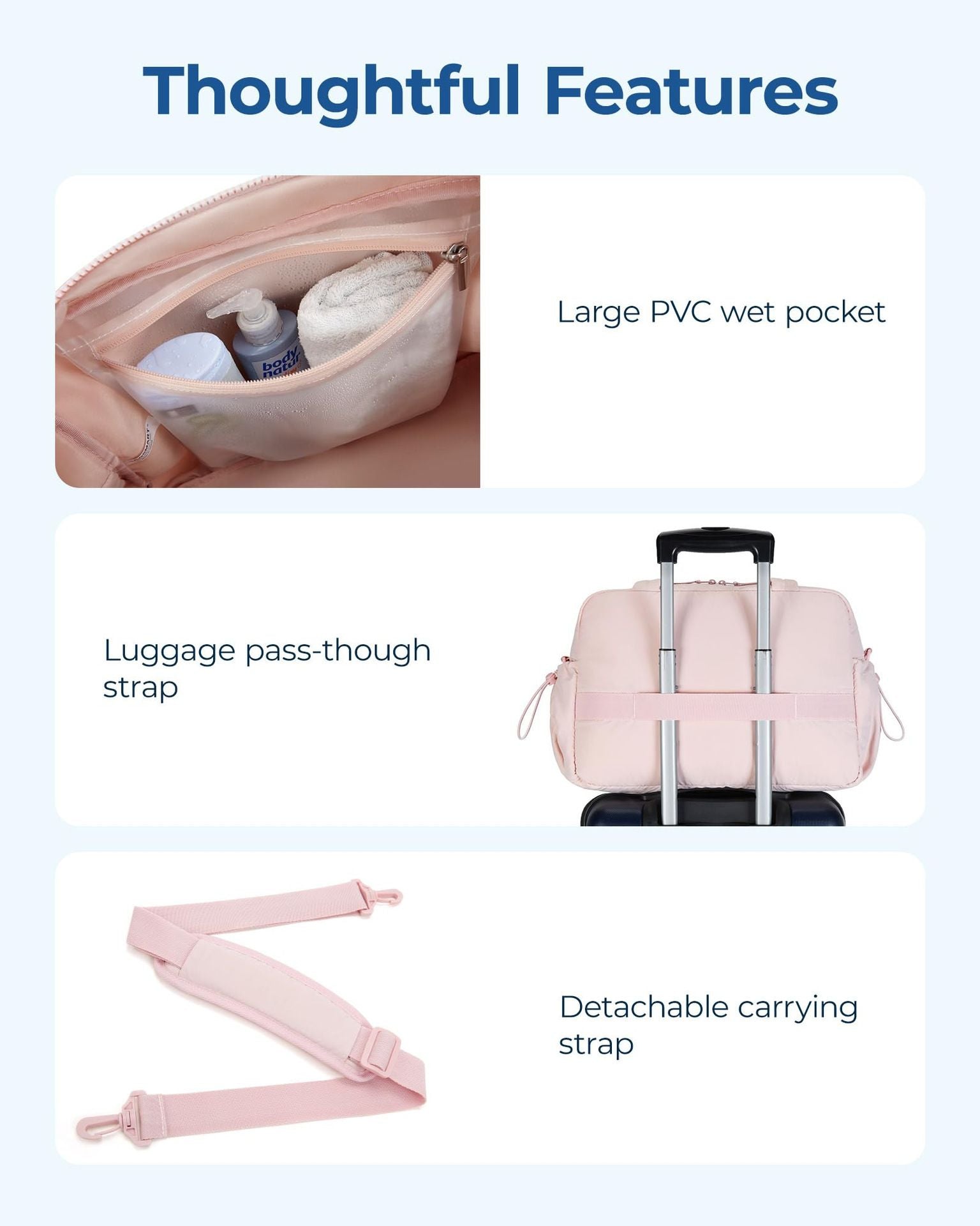 Pink travel tote bag features: luggage pass-through strap and detachable carrying strap
