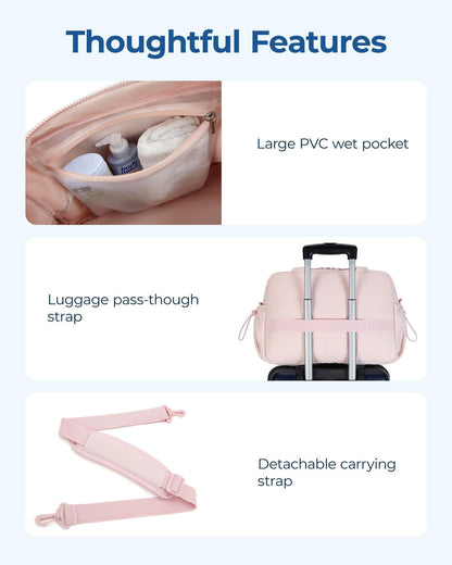Pink travel tote bag features: luggage pass-through strap and detachable carrying strap