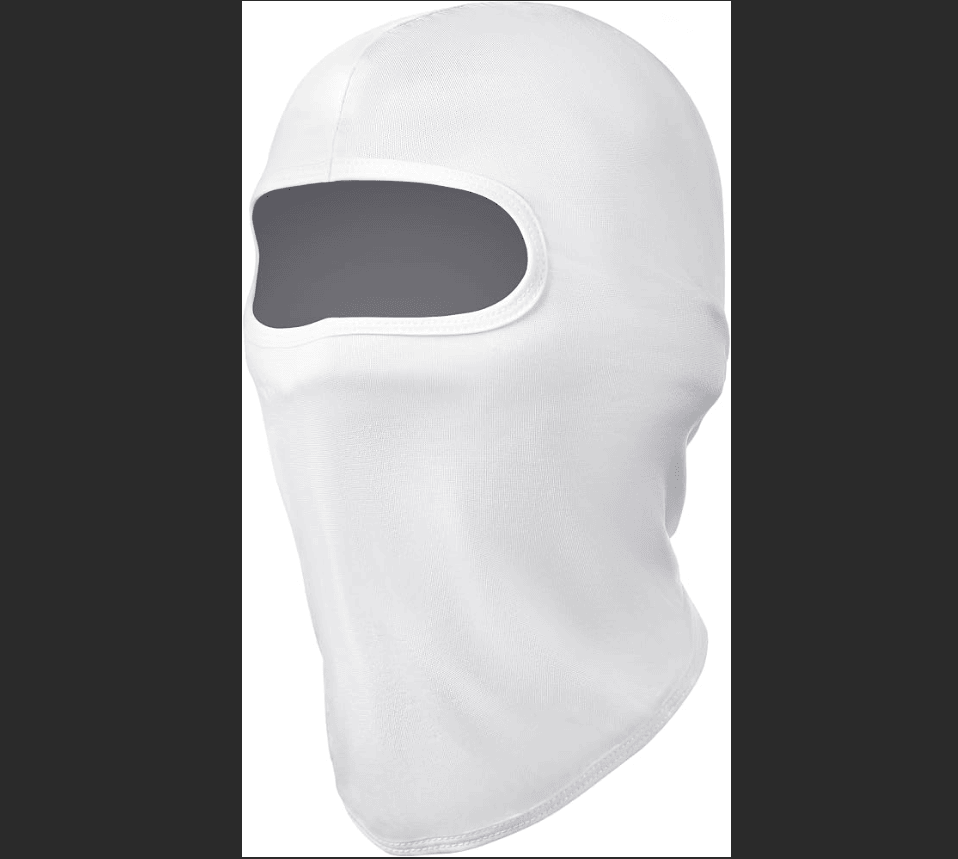 White full-face balaclava ski mask with oval eye opening and snug hood