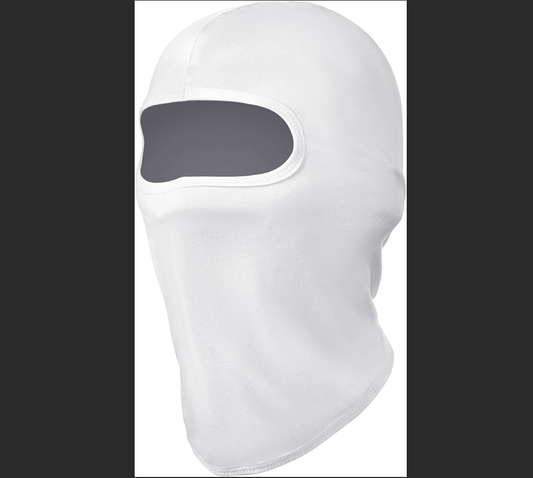 White full-face balaclava ski mask with oval eye opening and snug hood