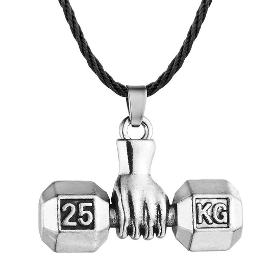 Silver weightlifting necklace pendant with black cord, hand grip and 25 KG hex weights