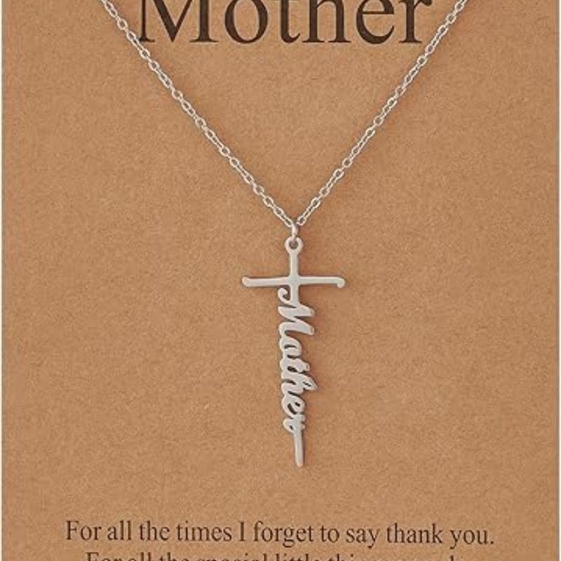 Faith cross pendant necklace with “Mother” script charm on silver chain