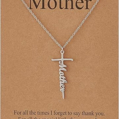 Faith cross pendant necklace with “Mother” script charm on silver chain