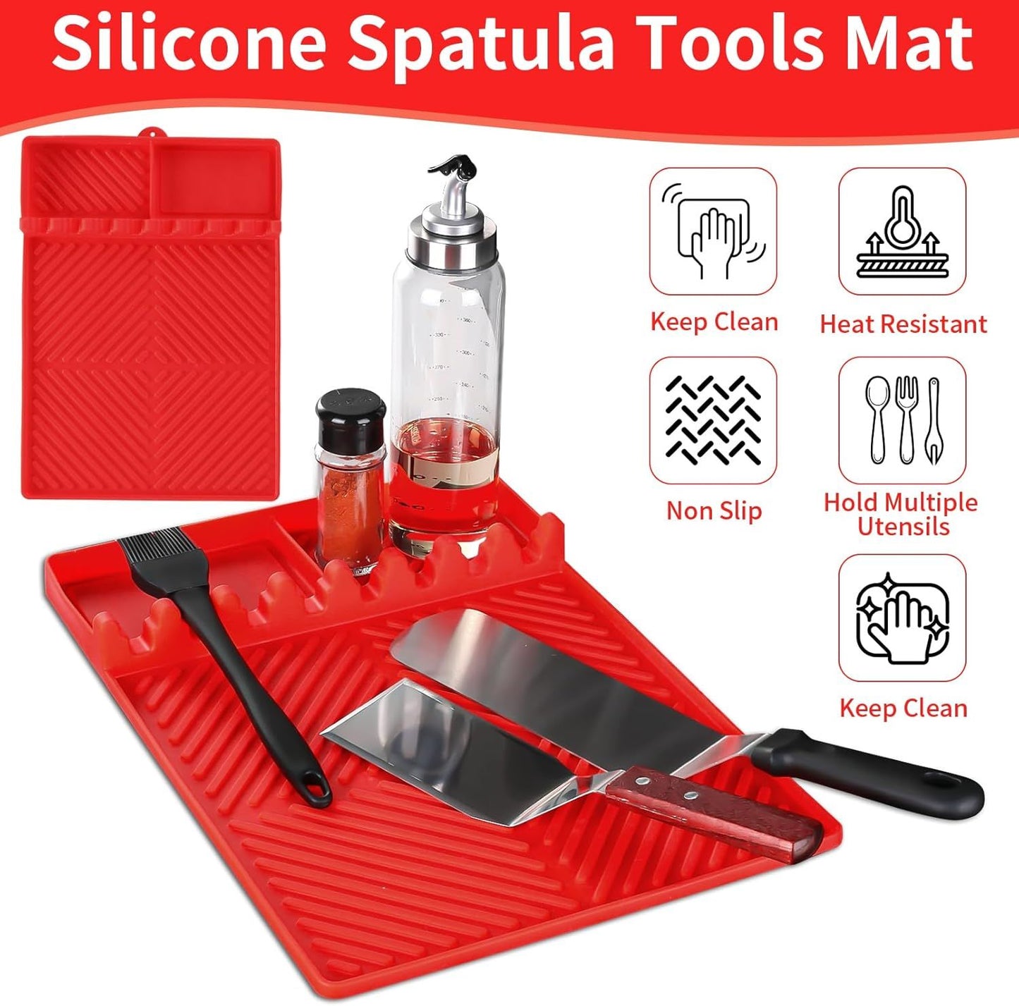 Red silicone tools mat set with built-in utensil holders and central drip tray.