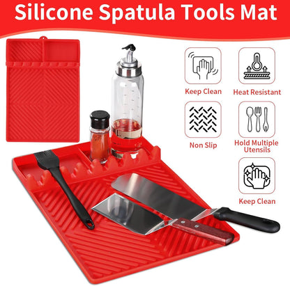 Red silicone tools mat set with built-in utensil holders and central drip tray.