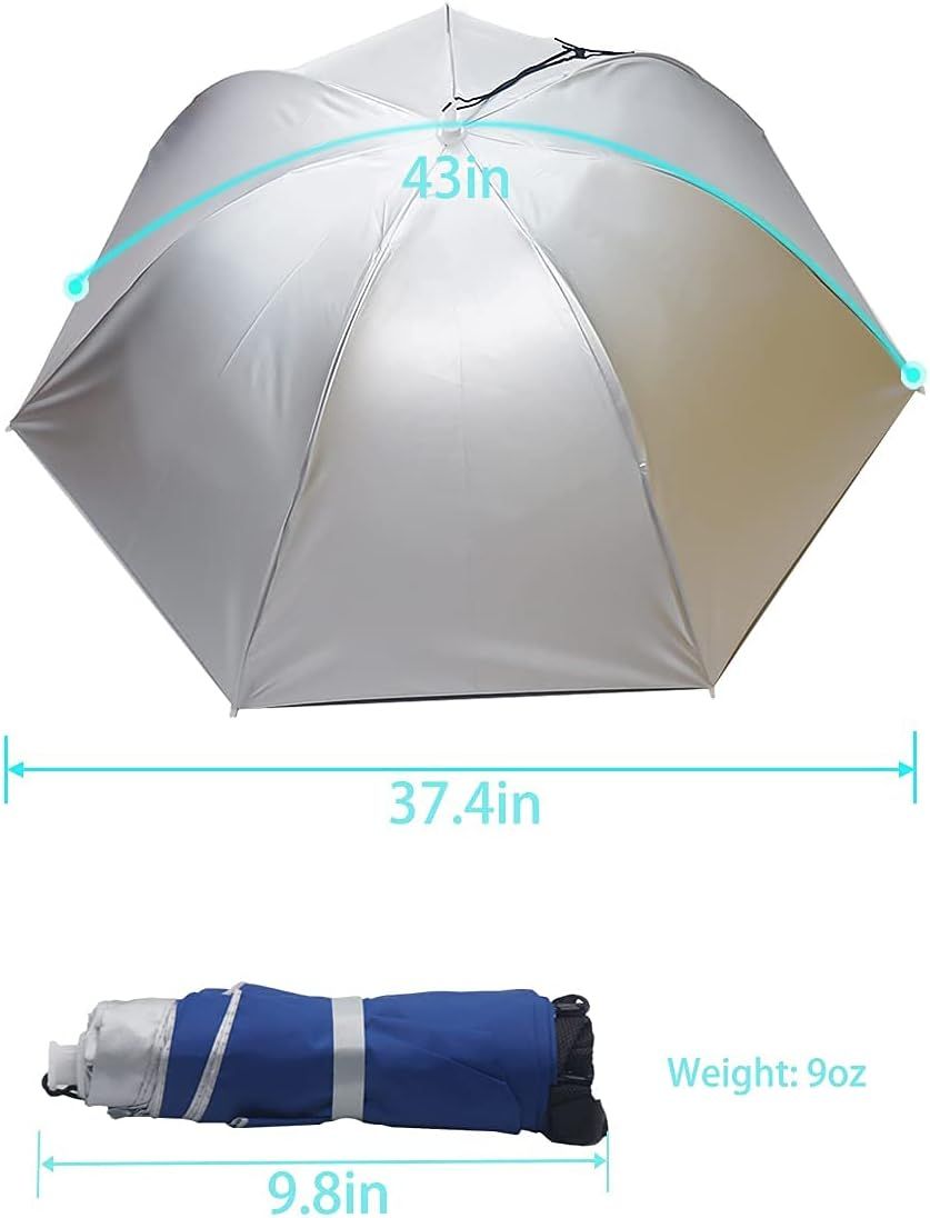 Gray hands-free umbrella hat with 37.4in foldable canopy and compact carry size