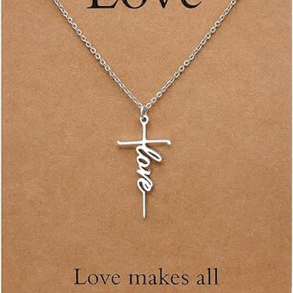 Silver cross pendant necklace with Love script charm on a chain