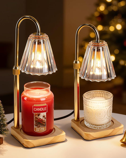 Electric candle wax warmer lamp with clear glass shade, brass pole, and wooden base