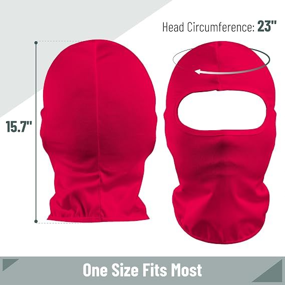 Red full-face balaclava ski mask with eye opening and neck cover.